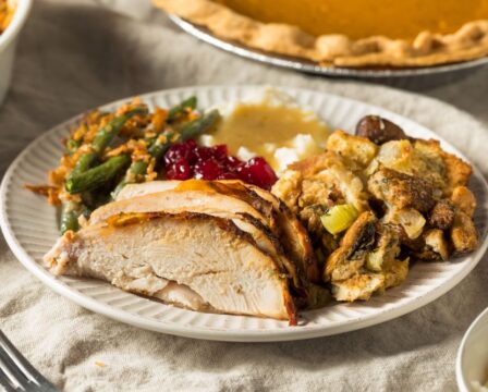 Homemade,Thanksgiving,Turkey,Plate,With,Cranberry,Stuffing,Potatoes,And,Beans